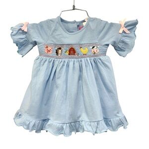Cracker Barrel Blue Smocked  Dress with Farm Animal Embroidery 12mo NWT